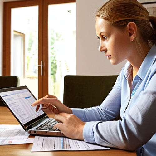 Home 11 ** A person sitting at a table, reviewing financial documents (bills, bank statements) with a laptop in front of them. The scene should convey a sense of organization and taking control of their finances. Consider a warm, inviting lighting to offset the potentially stressful topic. Focus on a typical German home setting.
**