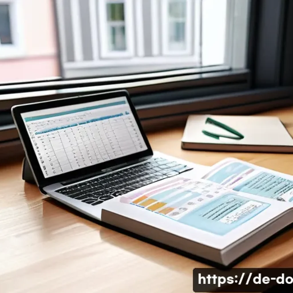 자산 정리의 기초 지식과 실천 - A detailed scene of a modern German household desk with a neat open Haushaltsbuch (budget book) show...