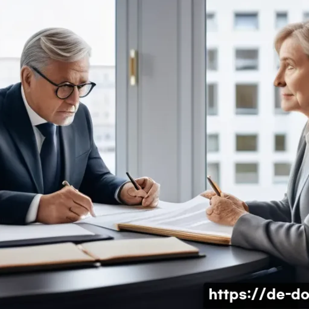 자산 정리 시 고려해야 할 법적 요소 - A professional German legal office scene showing a middle-aged lawyer explaining inheritance law to ...