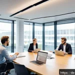 자산 정리 시스템의 사용자 피드백 활용하기 - A modern office scene showing a diverse group of German professionals engaged in a structured user f...