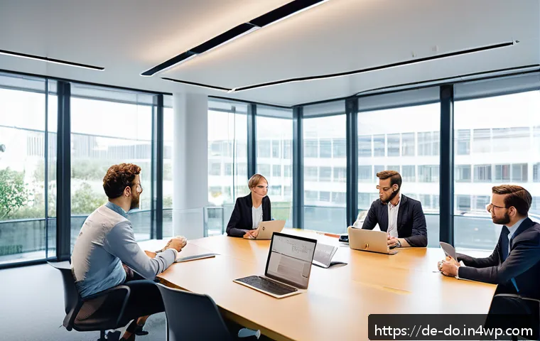 자산 정리 시스템의 사용자 피드백 활용하기 - A modern office scene showing a diverse group of German professionals engaged in a structured user f...