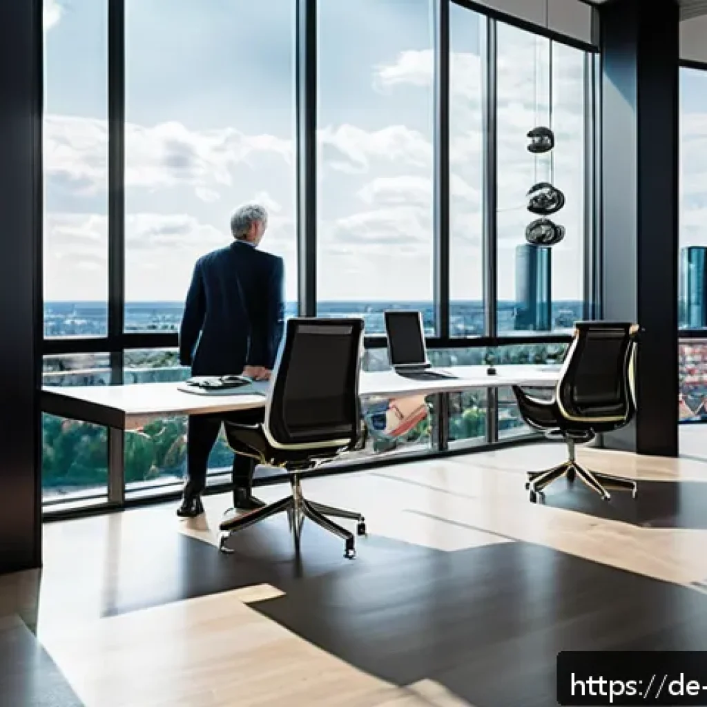 자산 정리 시스템 구축을 위한 사례 분석 - A modern, sleek financial advisor’s office in a German city, featuring large windows with views of B...