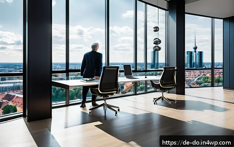자산 정리 시스템 구축을 위한 사례 분석 - A modern, sleek financial advisor’s office in a German city, featuring large windows with views of B...